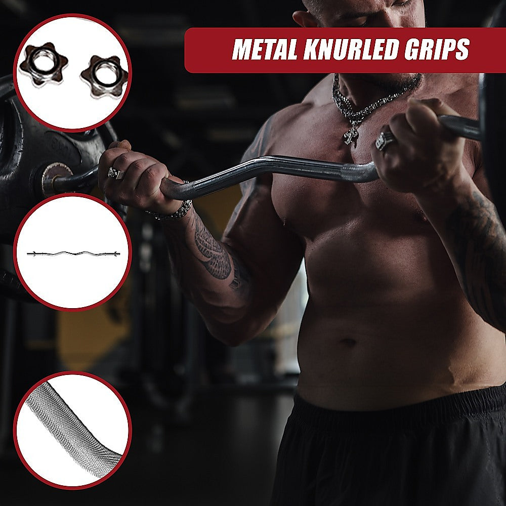 Man lifting weights with metal knurled grips, showing close-ups of the grips.