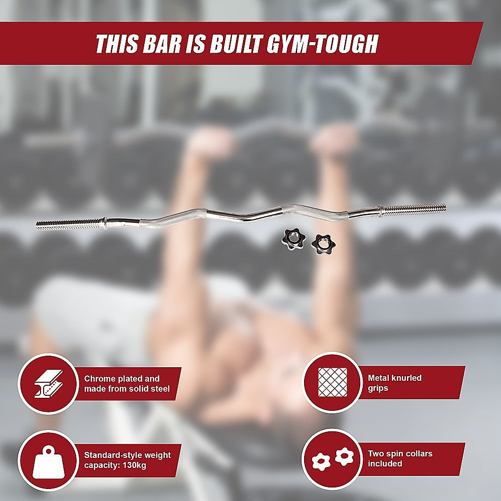 Barbell with text highlighting features and a blurred gym background