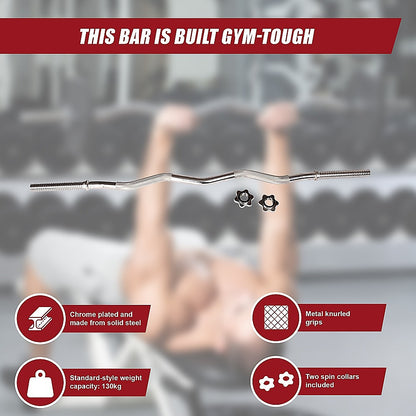 Barbell with text highlighting features and a blurred gym background