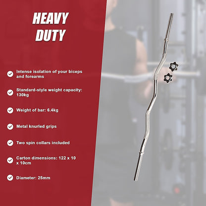 Heavy-duty barbell with specifications on a red background