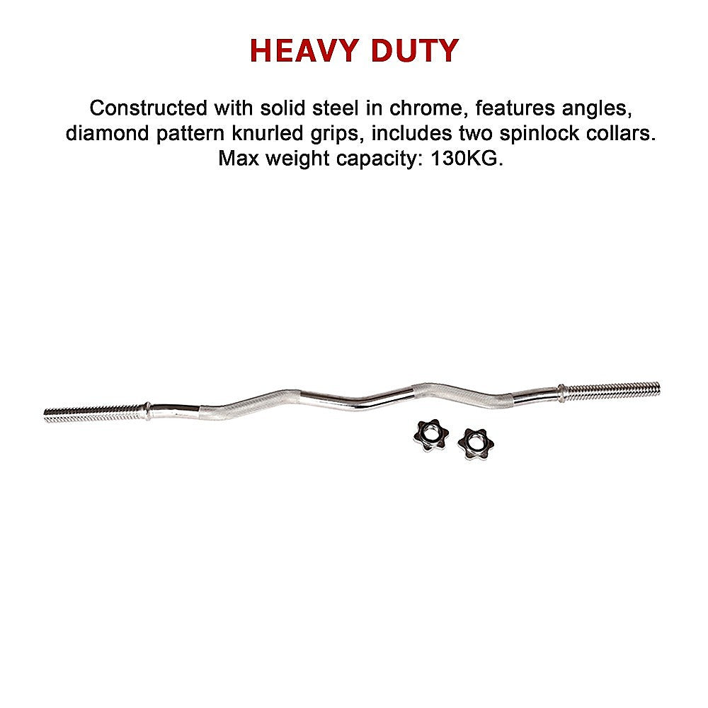 Heavy-duty chrome barbell with knurled grips and spinlock collars on a white background