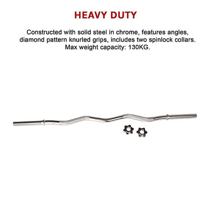 Heavy-duty chrome barbell with knurled grips and spinlock collars on a white background