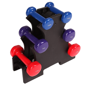 A set of colorful dumbbells with a rack, the colors include blue, purple, and red, and the weights are 0.5kg, 1kg, and 1.5kg.
