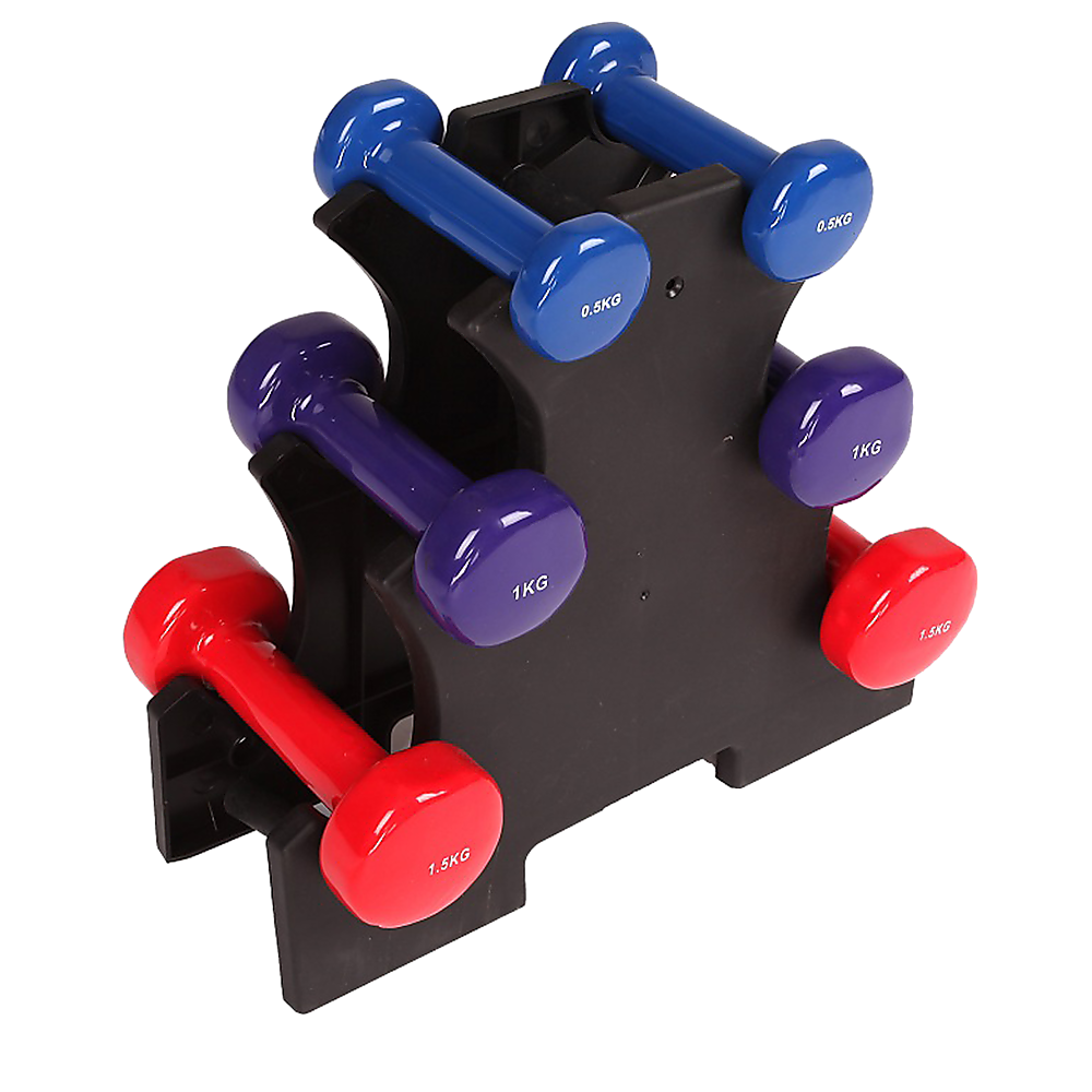 A set of colorful dumbbells with a rack, the colors include blue, purple, and red, and the weights are 0.5kg, 1kg, and 1.5kg.