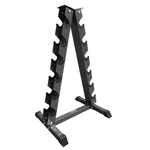 A black vertical steel dumbbell rack with chrome plating, featuring rubber caps on the legs and plastic inserts in the slots for weight storage.