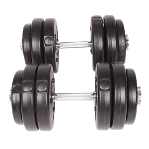 A set of adjustable dumbbells with black plastic coating and silver steel bars, showing the weights in a crossed arrangement to display the product.