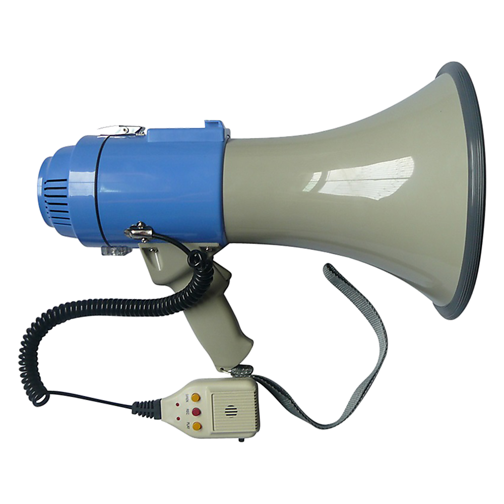 A handheld megaphone with a blue body, gray cone, and a white trigger. It also features a pistol grip handle and a shoulder strap.