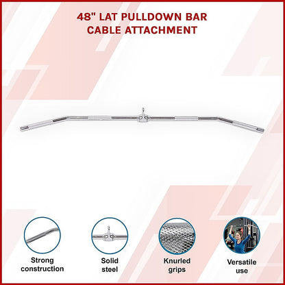 48" Lat Pulldown Bar Cable Attachment with features listed on a white background