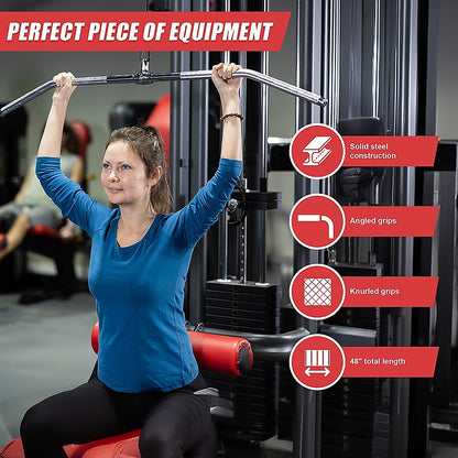 Woman using Lat Pulldown Bar-equipment with features highlighted on a red banner