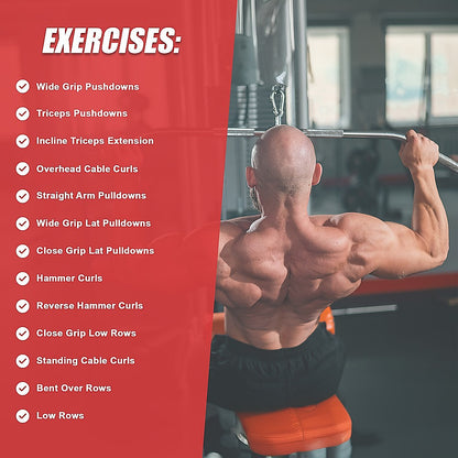 Bodybuilder performing exercises with a list of workouts on a red background