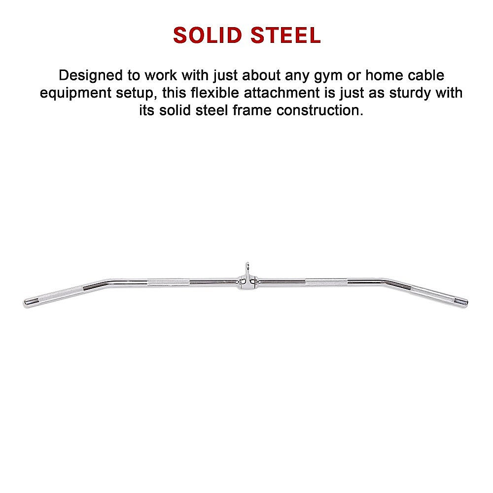Metallic Lat Pulldown Bar-with text about solid steel construction on a white background