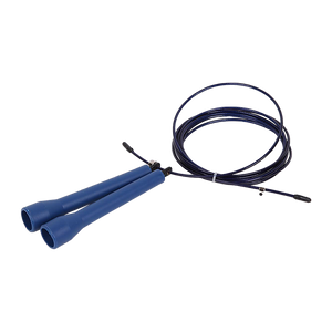Blue jump rope with black cables on a white background