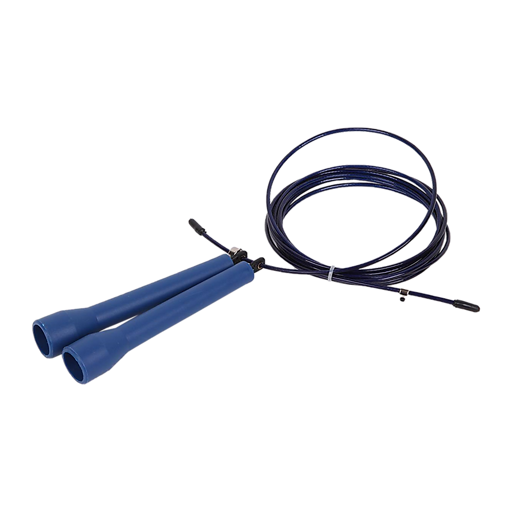 Blue jump rope with black cables on a white background