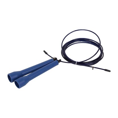 Blue jump rope with black cables on a white background
