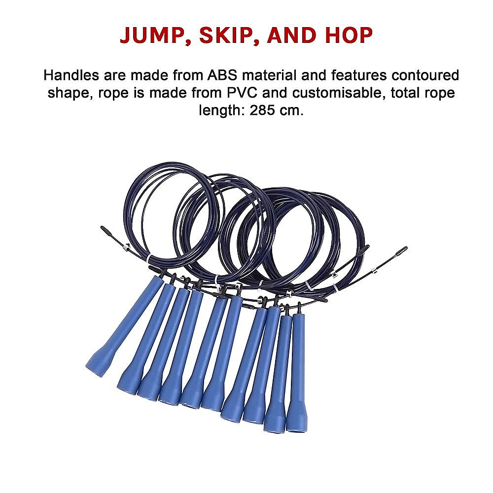 Set of jump ropes with blue handles and black ropes on a white background, featuring text about product details.