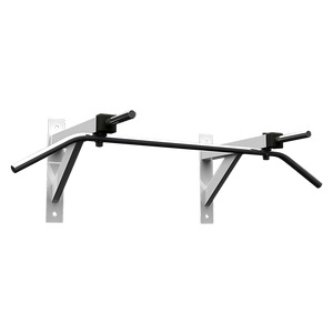 A wall-mounted chrome chin-up bar with Dynabolts for installation, designed for use in fitness workouts.