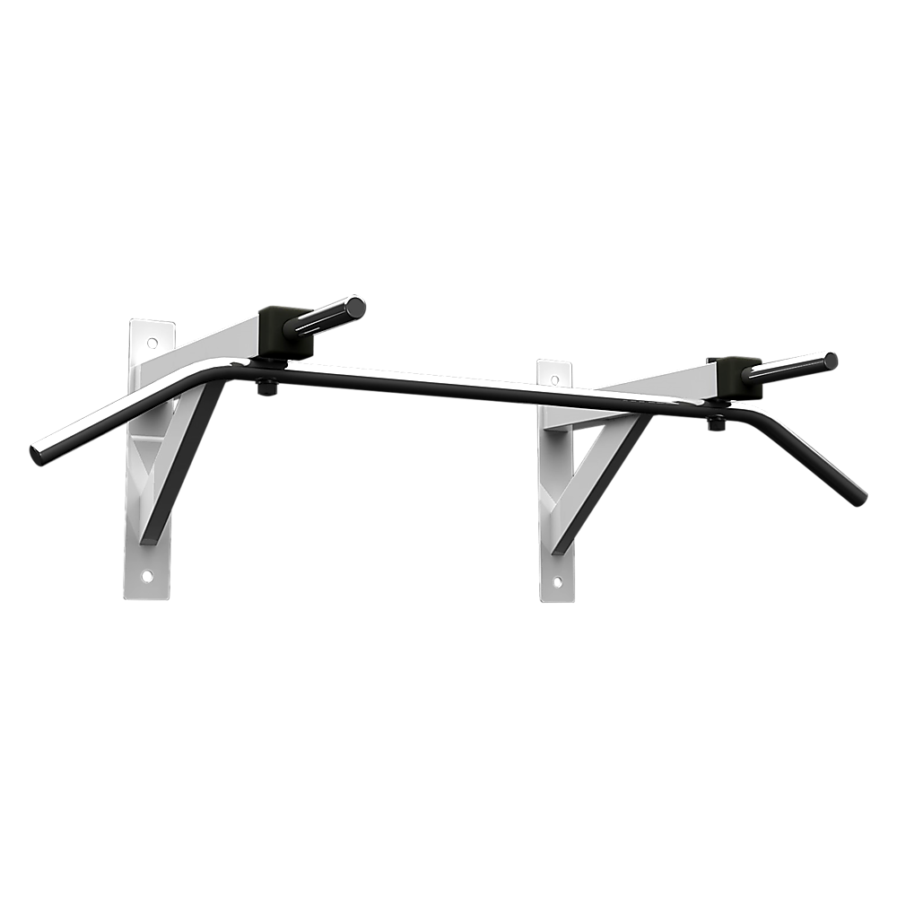 A wall-mounted chrome chin-up bar with Dynabolts for installation, designed for use in fitness workouts.