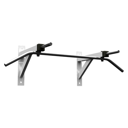 A wall-mounted chrome chin-up bar with Dynabolts for installation, designed for use in fitness workouts.