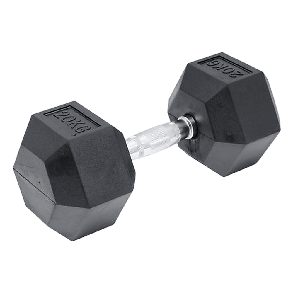 A single 20KG commercial rubber hex dumbbell with chrome handles.