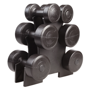 A set of black dumbbells with varying weights, from 1kg to 3kg, arranged on a rack.