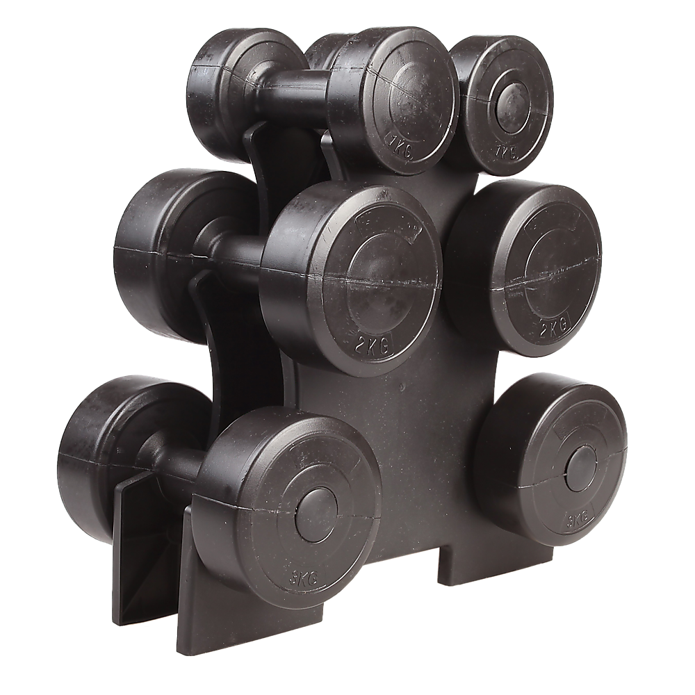 A set of black dumbbells with varying weights, from 1kg to 3kg, arranged on a rack.