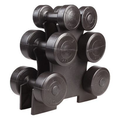 A set of black dumbbells with varying weights, from 1kg to 3kg, arranged on a rack.
