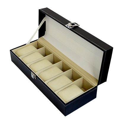 6 Slot Mens Watch Display Case Box Black PU Leather