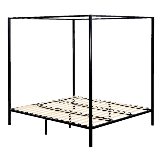Black metal canopy bed frame on a white background