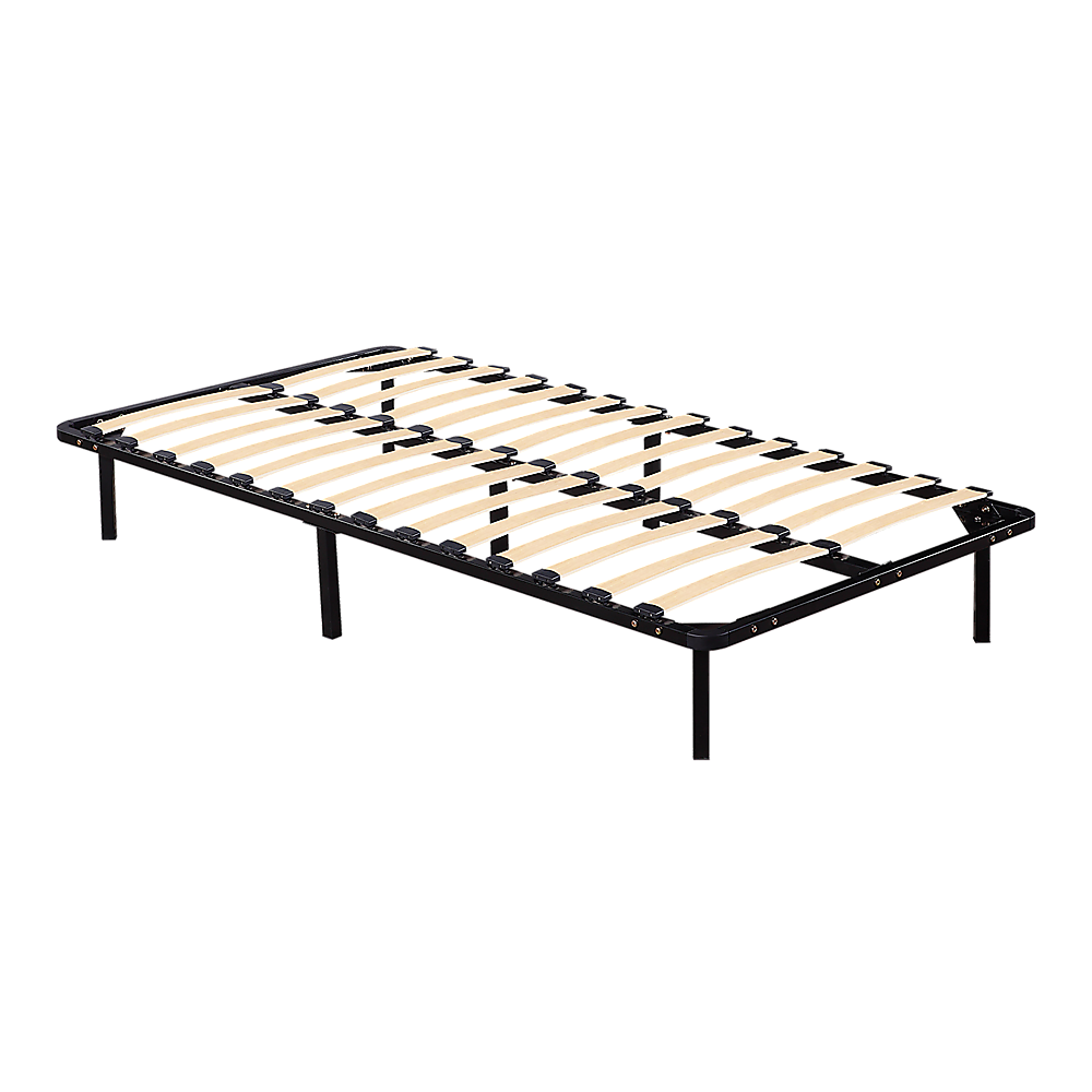 A black metal king single bed frame with a solid headboard and footboard, designed for a standard Australian sized king single mattress.