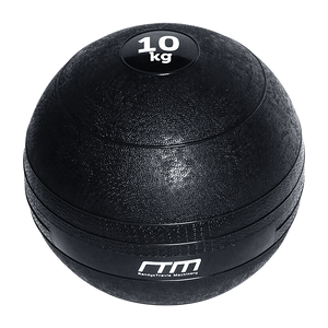 A 10kg black slam ball with a textured surface, marked with the weight '10 kg' and the brand 'RM'.