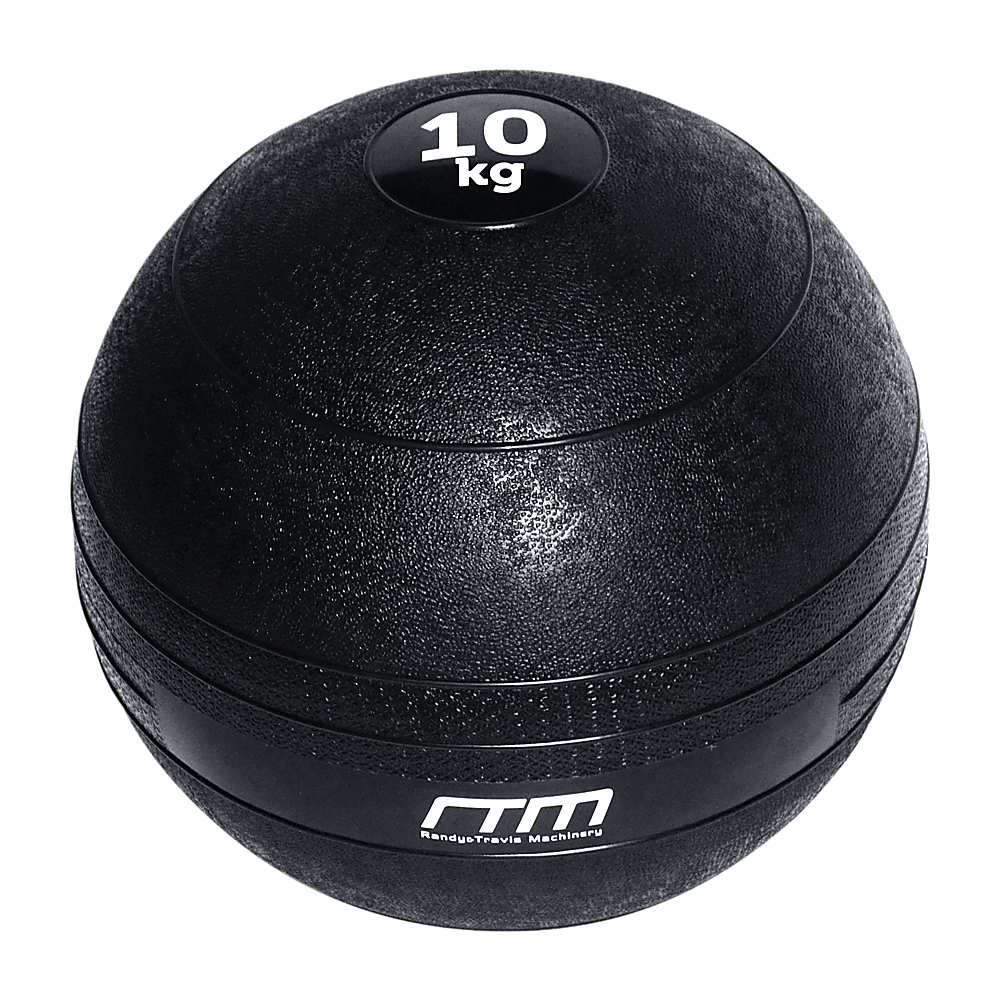 A 10kg black slam ball with a textured surface, marked with the weight '10 kg' and the brand 'RM'.