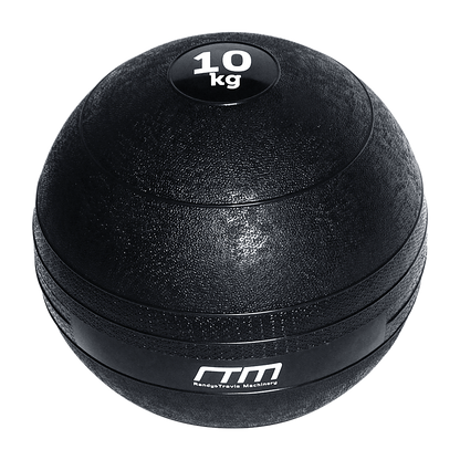 A 10kg black slam ball with a textured surface, marked with the weight '10 kg' and the brand 'RM'.
