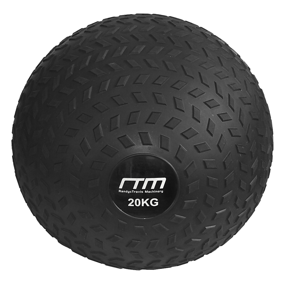 Black slam ball with 'RTM' branding and '20KG' marking on a white background