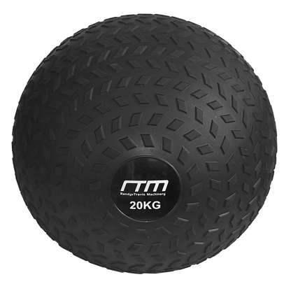 Black slam ball with 'RTM' branding and '20KG' marking on a white background
