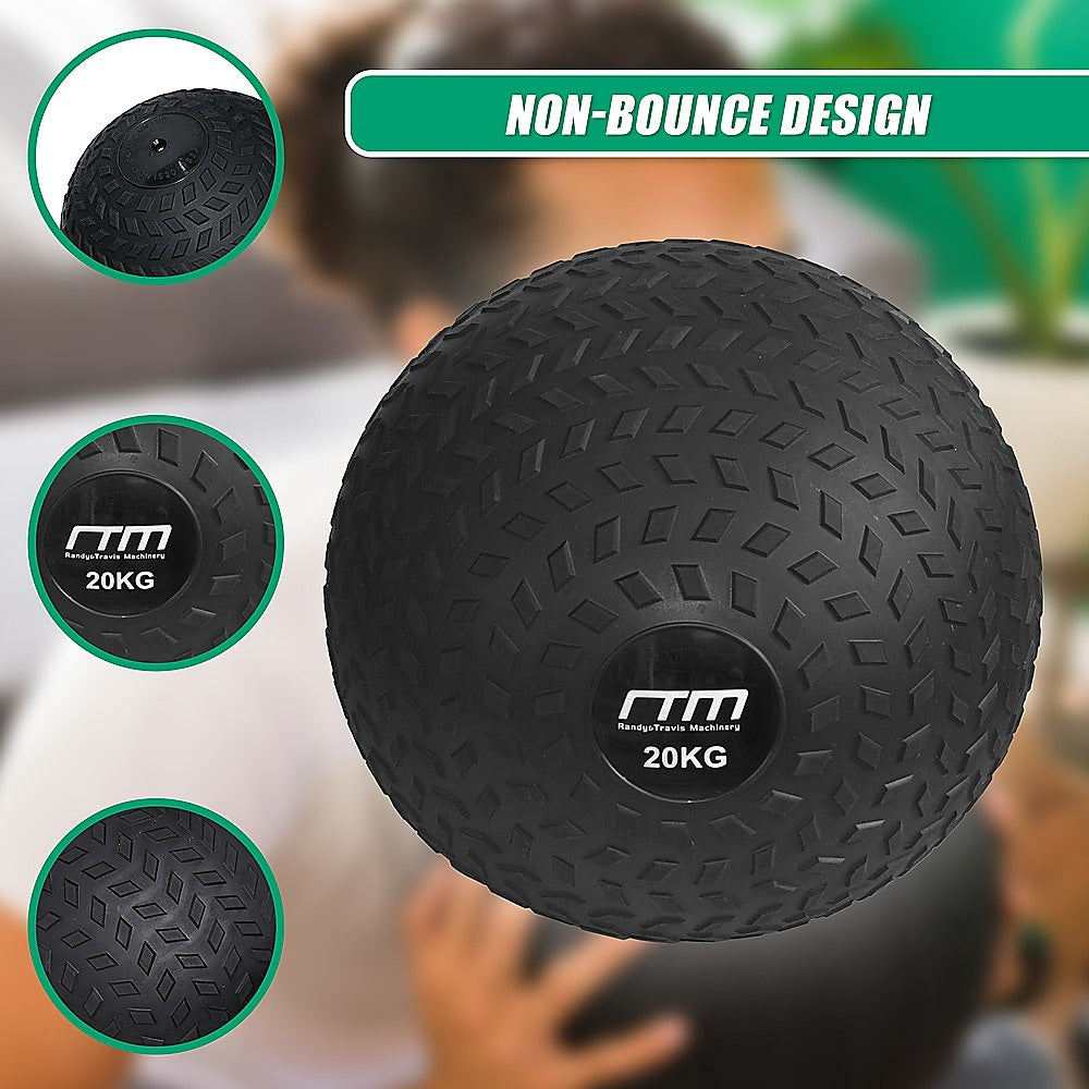 Black slam ball with 'RTM' branding and 'Non-Bounce Design' text, held by a person.