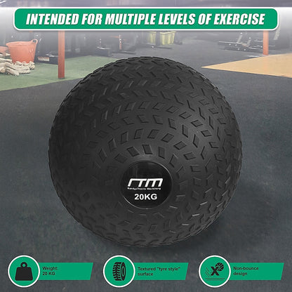 Black exercise ball with 'RTM' branding on a gym floor, featuring text about its use for multiple levels of exercise.