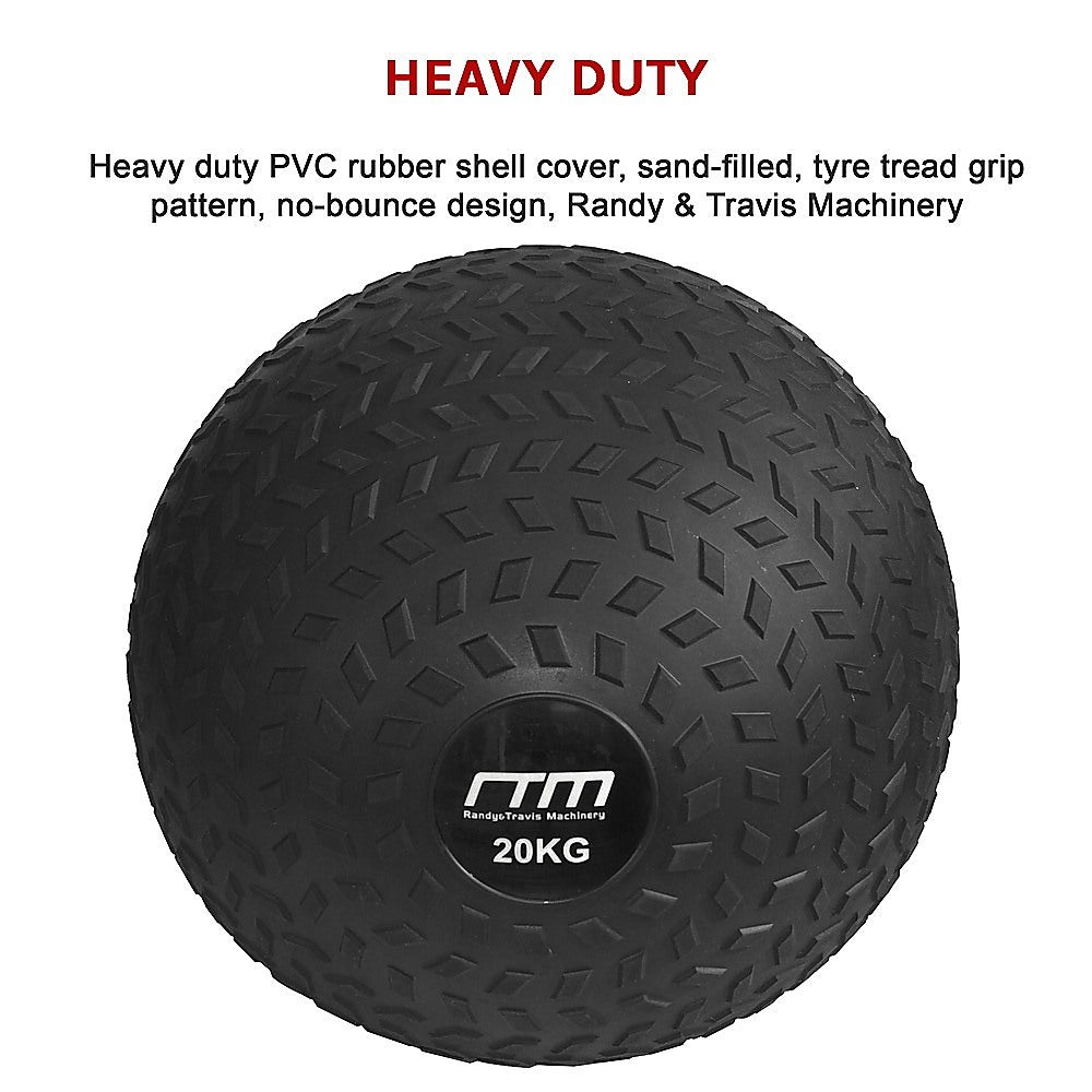 Heavy-duty black slam ball with tread pattern and Randy & Travis Machinery branding on a white background.