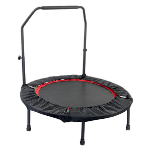 A black mini rebounder trampoline with a red safety rail designed for indoor fitness.
