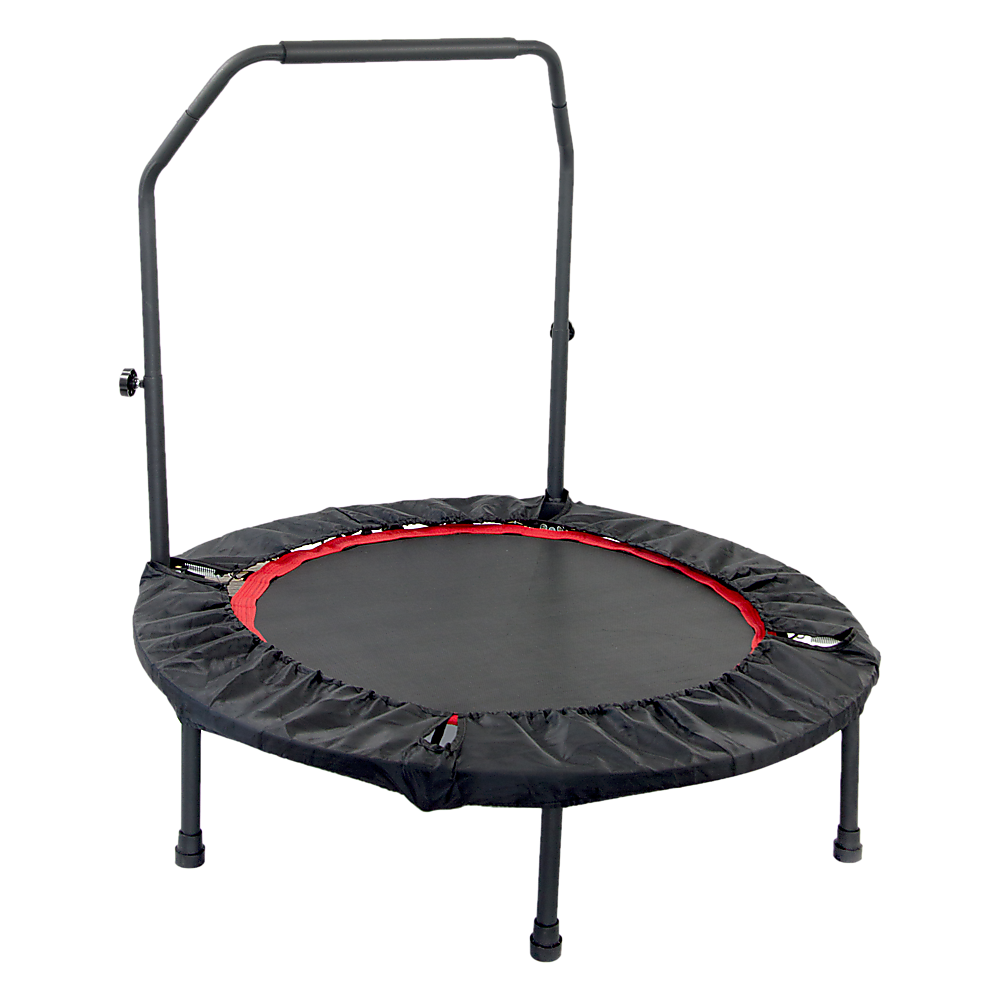 A black mini rebounder trampoline with a red safety rail designed for indoor fitness.