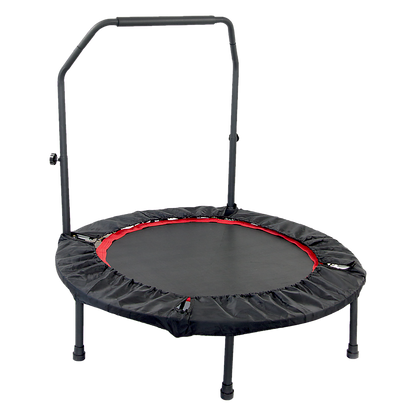 A black mini rebounder trampoline with a red safety rail designed for indoor fitness.