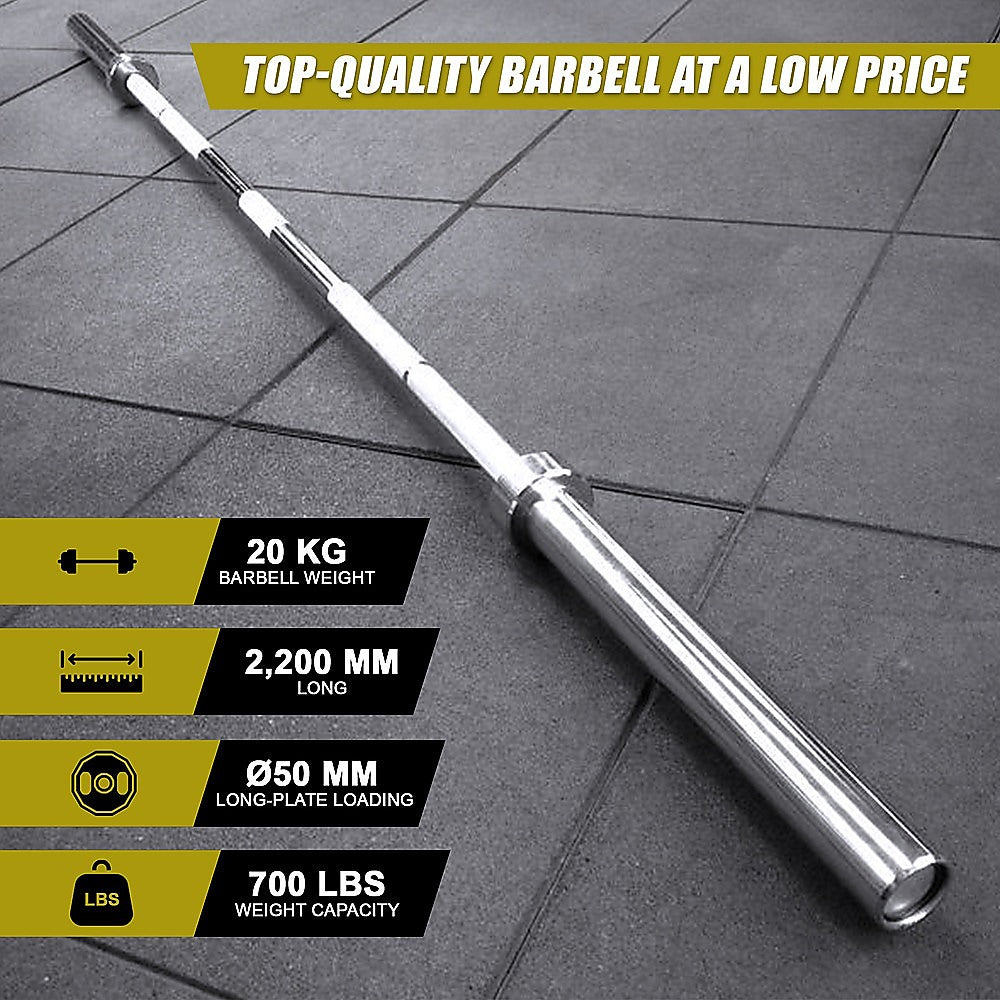 Metal barbell on a tiled floor with specifications displayed.