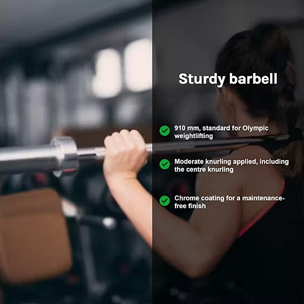 Person holding a barbell with text about its features.