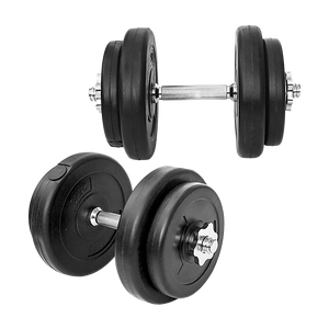 A set of 20kg adjustable dumbbells with black rubber coating and silver metal handles and weights.