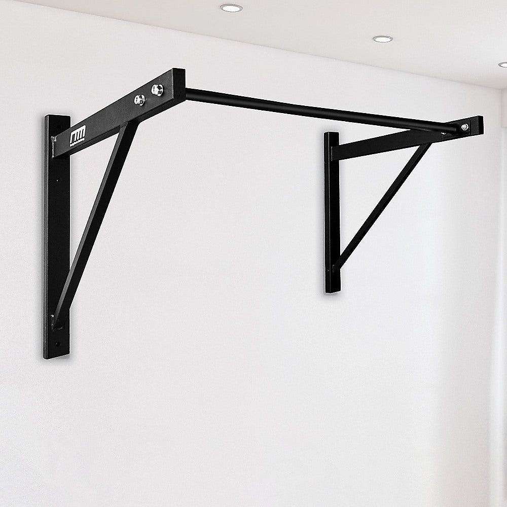 Black wall-mounted pull-up bar against a white wall