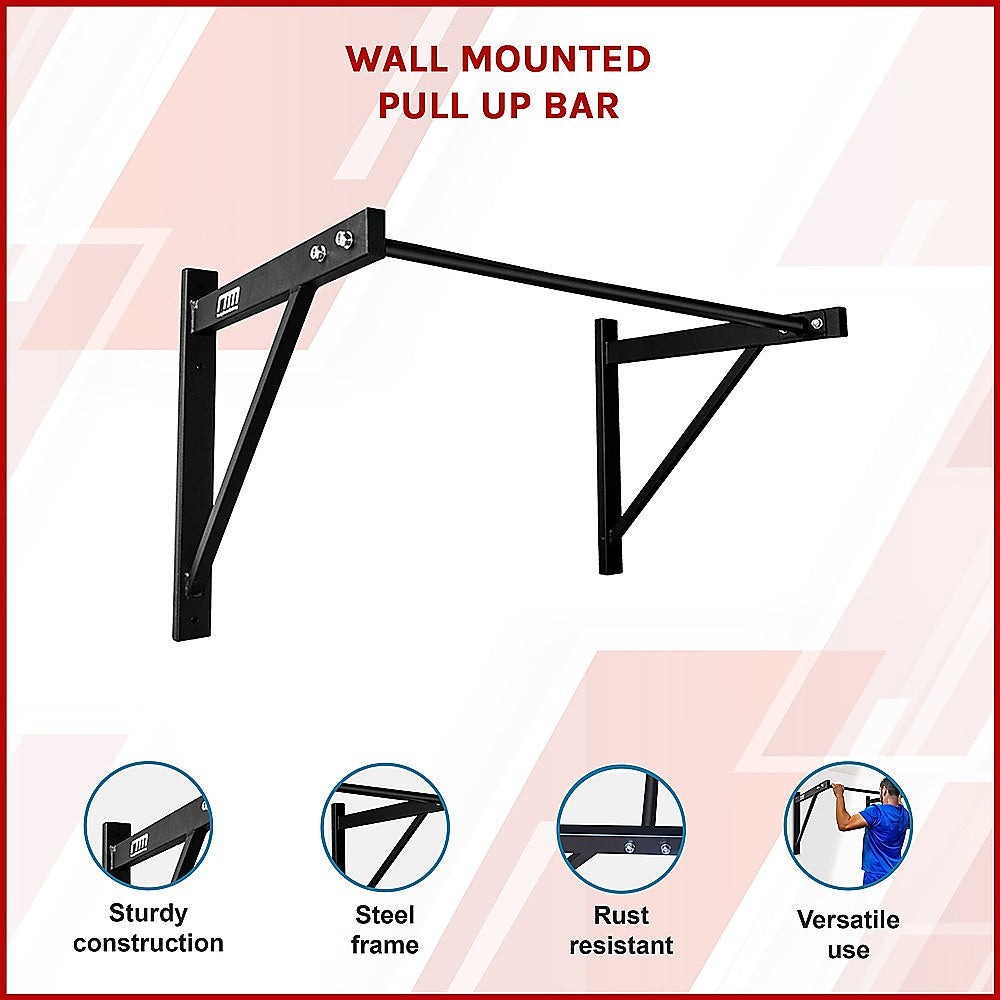 Wall-mounted pull-up bar with features listed on a white background