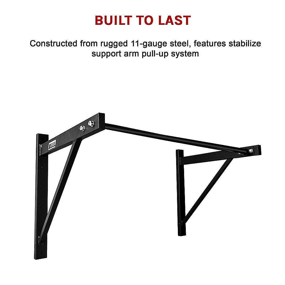 Black pull-up bar with text about its construction on a white background