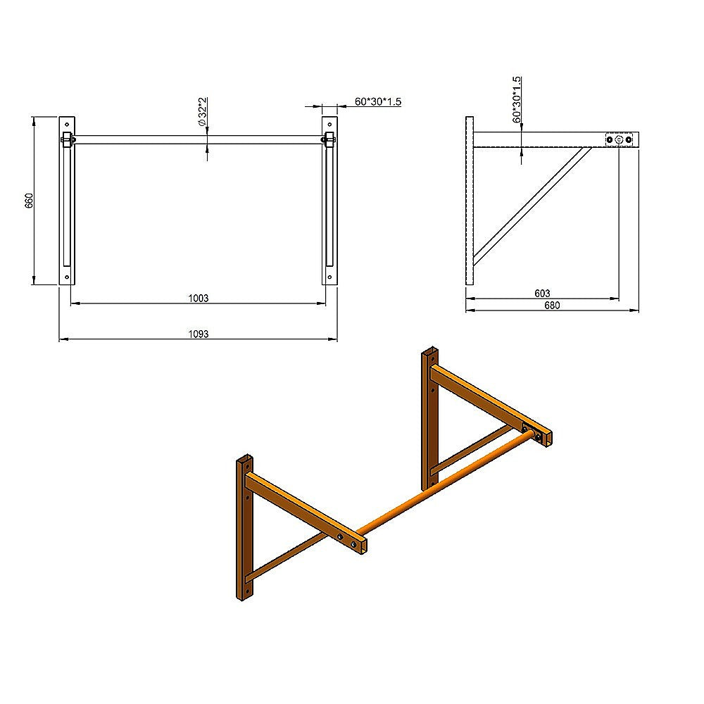 Wall-mounted pull-up bar with dimensions on a white background