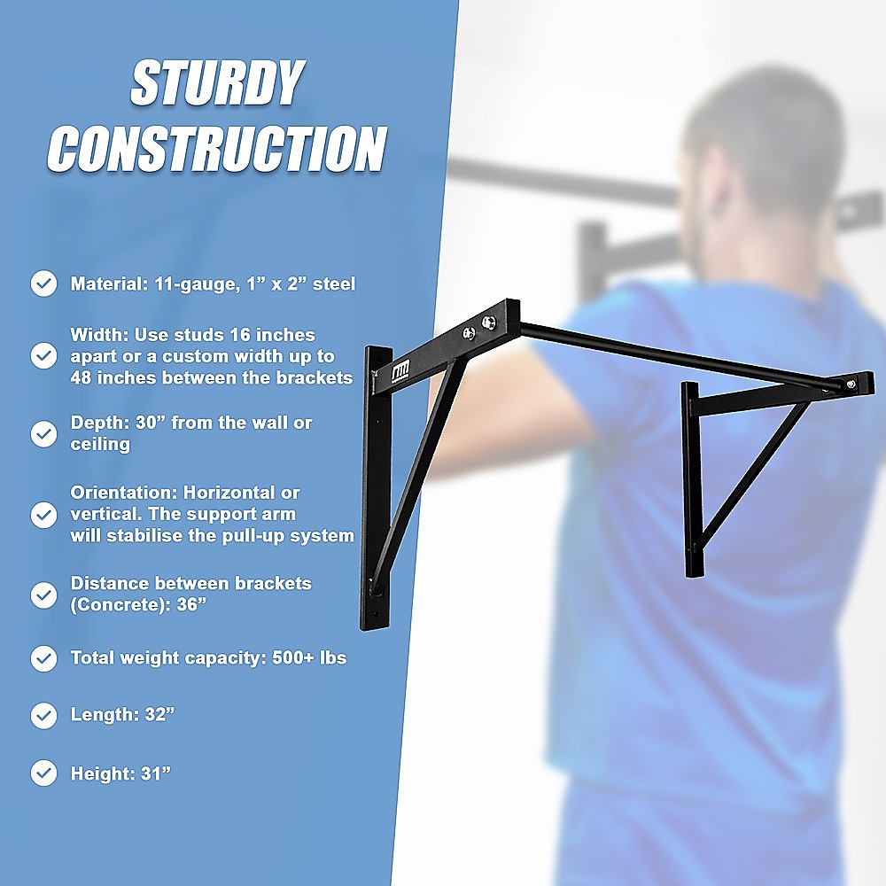 Black pull-up bar with detailed specifications on a blue background