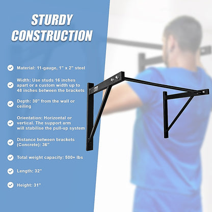 Black pull-up bar with detailed specifications on a blue background