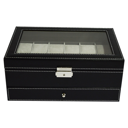 12 Grids Watch Display Case Leather jewellery Storage Box Organiser Lock Key
